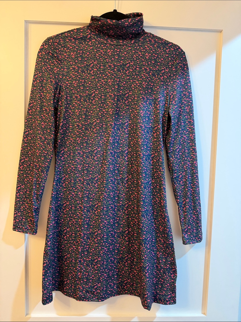 SHEIN Navy Turtleneck Long-Sleeve Floral Swing Dress with Pink Print
